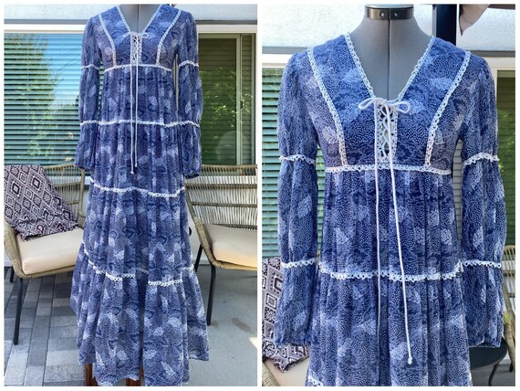 1969 label Gunne Sax Ren Ocean Leaves Dress