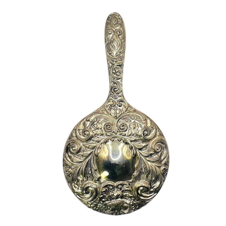 Antique Silver Plated Vanity Mirror, Embossed Handheld Mirror image 1