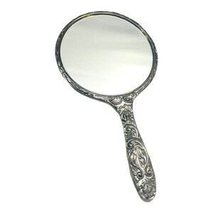 Antique Silver Plated Vanity Mirror, Embossed Handheld Mirror image 2