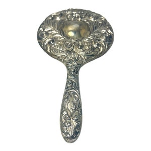 Antique Silver Plated Vanity Mirror, Embossed Handheld Mirror image 9