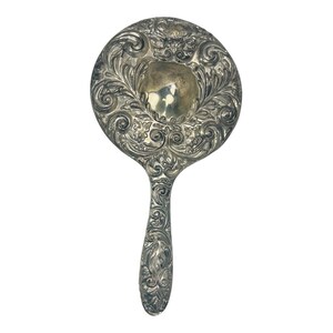 Antique Silver Plated Vanity Mirror, Embossed Handheld Mirror image 4