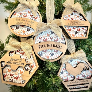 SVG ONLY!!! - Laser Cut Wood Punny Chicken Christmas Ornaments - Country Chicken Christmas Decor