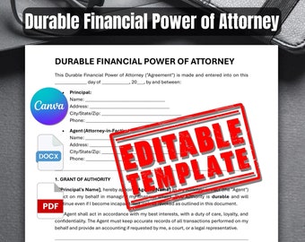 Durable Financial Power of Attorney Template Word Doc PDF CANVA | Printable Blank POA Form | Editable Financial Authority Contract