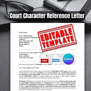 Plantilla de carta de referencia de carácter judicial Word Doc PDF CANVA / Referencia personalizada imprimible para el tribunal / Carta de referencia judicial
