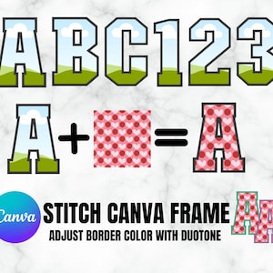Molduras de ponto digital Canva, molduras de bordado falso, letras e números, conjunto de preenchimento de moldura Canva, cores DIY em Canva, designs preenchíveis