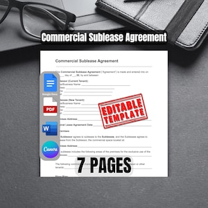 Könnte beinhalten: Eine druckbare Vorlage für einen gewerblichen Untermietvertrag mit einem roten Stempel, auf dem "Bearbeitbare Vorlage" steht. Die Vorlage ist für ein 7-seitiges Dokument und in den Formaten Google Docs, PDF und Word verfügbar.