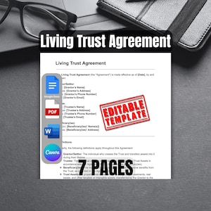 May include: A digital document template for a living trust agreement. The document is labelled "Editable Template" and is available in Google Docs, PDF, and Word formats. The document is 7 pages long and includes a list of definitions for terms used in the agreement.