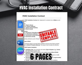HVAC Installation Contract Template | Editable HVAC Service Agreement | Heating Ventilation and Air Conditioning Installation Form