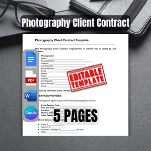 Op de afbeelding: Een sjabloon voor een fotografie-klantencontract met een rode stempel waarop "Bewerkbare sjabloon" staat. Het sjabloon is een document van 5 pagina's dat kan worden gebruikt om een contract tussen een fotograaf en een klant te maken.