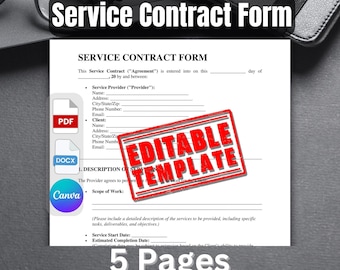 Service Contract Form Template Word Doc PDF CANVA | Printable Freelance Contract | Editable Agreement for Freelancers & Businesses