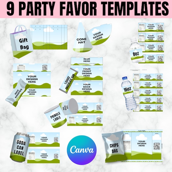 9 Party Favors Canva Template Bundle, Chip Bag Template, Chocolate Bar Wrapper Template, Canva Editable