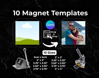 Può includere: Dieci modelli di magneti da utilizzare con Canva. I modelli sono mostrati con una scena di paesaggio e una coppia che posa per una foto. L'immagine mostra anche una macchina per bottoni con una varietà di dimensioni elencate in pollici e centimetri.