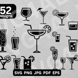Puede incluir: Un conjunto de 52 iconos de bebidas en blanco y negro, que incluyen cócteles, vasos y otras bebidas. Los iconos son perfectos para usar en diseños digitales, manualidades y más.