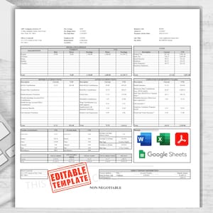 May include: A black and white payslip with the text "ABC Company Services LP" and "NON-NEGOTIABLE" at the bottom. The payslip includes details such as employee name, pay date, hours worked, earnings, taxes, deductions, and net pay.