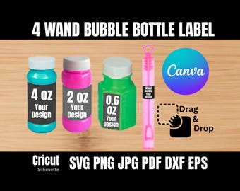 Modello di etichetta per bottiglia di bolle di sapone personalizzato, 0,6 oz, 2 oz, 4 oz, etichetta per bacchette di sapone, SVG, PNG, etichette adesive modificabili Canva per bolle