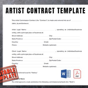 Puede incluir: Una plantilla de contrato de artista blanca con el título "ARTIST CONTRACT TEMPLATE" en negro. El documento incluye campos para la información del artista y del cliente, con iconos para los formatos Word y PDF. Una pegatina roja "EDITABLE TEMPLATE" está en la esquina inferior izquierda.