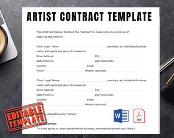 Artist Contract Template Word and PDF | Contract Template For Art Commission | Customizable And Printable Agreement For Commissions