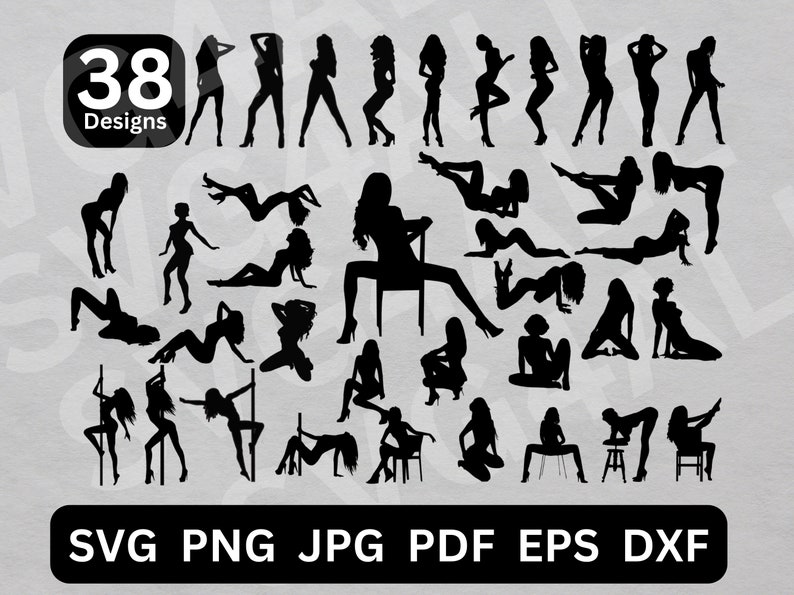 May include: A set of 38 black silhouette designs of women in various poses. The designs are perfect for crafting, scrapbooking, and other creative projects.
