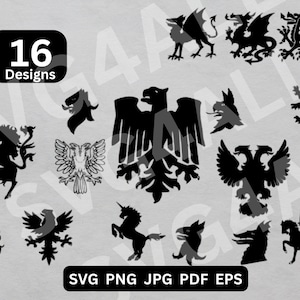 Op de afbeelding: Een verzameling van 16 zwart-witte heraldische ontwerpen, waaronder draken, adelaars, eenhoorns en andere mythische wezens. De afbeelding bevat de tekst "16 Designs" in een zwart kader en bestandstype opties: SVG, PNG, JPG, PDF en EPS.