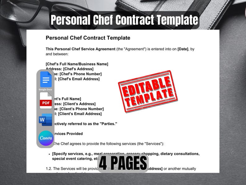 Personal Chef Contract Template | Editable Chef-client Catering Service ...