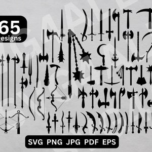 May include: A collection of 65 black and white vector illustrations of various weapons, including swords, axes, bows and arrows, and daggers. The image includes the text "65 Designs".