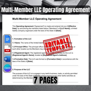 May include: A red, white, and blue editable template for a multi-member LLC operating agreement. The template is labeled "Editable Template" and has a white background with black text. The text includes the words "Multi-Member LLC Operating Agreement" and "7 Pages".
