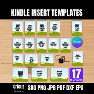 Könnte beinhalten: Ein digitales Produktbild mit Kindle-Einfügvorlagen. Das Bild zeigt verschiedene Vorlagen für verschiedene Kindle-Modelle, darunter Basic, Paperwhite, Voyage und Scribe. Die Vorlagen sind auf einem Holzgrund angeordnet, mit dem Text "Kindle Insert Templates" oben.