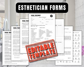 Könnte beinhalten: Bearbeitbare Vorlagen für Kosmetikerinnen-Formulare, darunter ein Formular für die Beratung zu Gesichtsbehandlungen, ein Formular für die Krankengeschichte und ein Formular für die Kundenaufnahme. Die Formulare sind in Schwarzweiß mit einem roten Stempel, auf dem "Bearbeitbare Vorlage" steht.