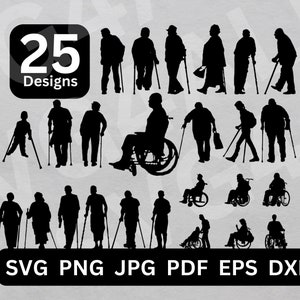 Könnte beinhalten: Ein Schwarzweiß-Silhouettenbild von 25 Personen, einige mit Stöcken und einige im Rollstuhl. Das Bild enthält den Text "25 Designs".