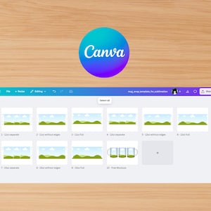 Op de afbeelding: Canva-interface die een mok-wrap-sjabloon voor sublimatie toont. De sjabloon heeft 12 verschillende lay-outs, waaronder gescheiden, zonder randen, volledig en gratis mockups. De lay-outs tonen een landschapssc&egrave;ne met groene heuvels, blauwe lucht en witte wolken.