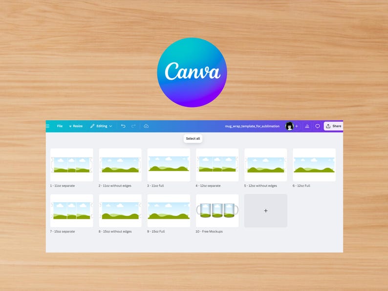 Op de afbeelding: Canva-interface die een mok-wrap-sjabloon voor sublimatie toont. De sjabloon heeft 12 verschillende lay-outs, waaronder gescheiden, zonder randen, volledig en gratis mockups. De lay-outs tonen een landschapssc&egrave;ne met groene heuvels, blauwe lucht en witte wolken.