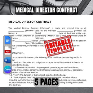 Puede incluir: Una plantilla de contrato de director médico con un sello rojo de "Plantilla editable". El contrato es para un spa médico e incluye definiciones de términos como servicios, información confidencial y caso de fuerza mayor. El documento tiene 5 páginas.