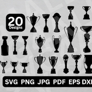 Puede incluir: Un conjunto de 20 archivos de corte SVG de siluetas de copas de trofeo negras. Los trofeos son de varias formas y tamaños. El texto "20 Designs" está en un cuadrado blanco.