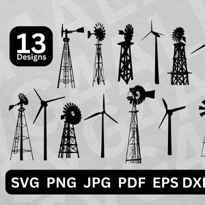 May include: A set of 13 black and white silhouette designs of windmills. The designs are in various styles and sizes. The text "13 Designs" is at the top of the image.