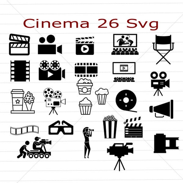 Movie svg, 26 svg, camera svg, cinema monogram, cut file, cinema svg, stencil file, film svg, cameraman svg, cinema svg set
