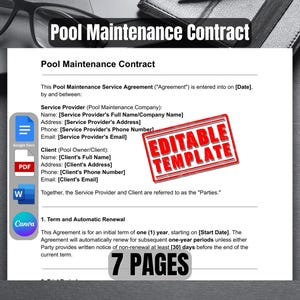 Pool Maintenance Contract Template | Editable Swimming Pool Maintenance Service Agreement | Pool Cleaning Agreement Template