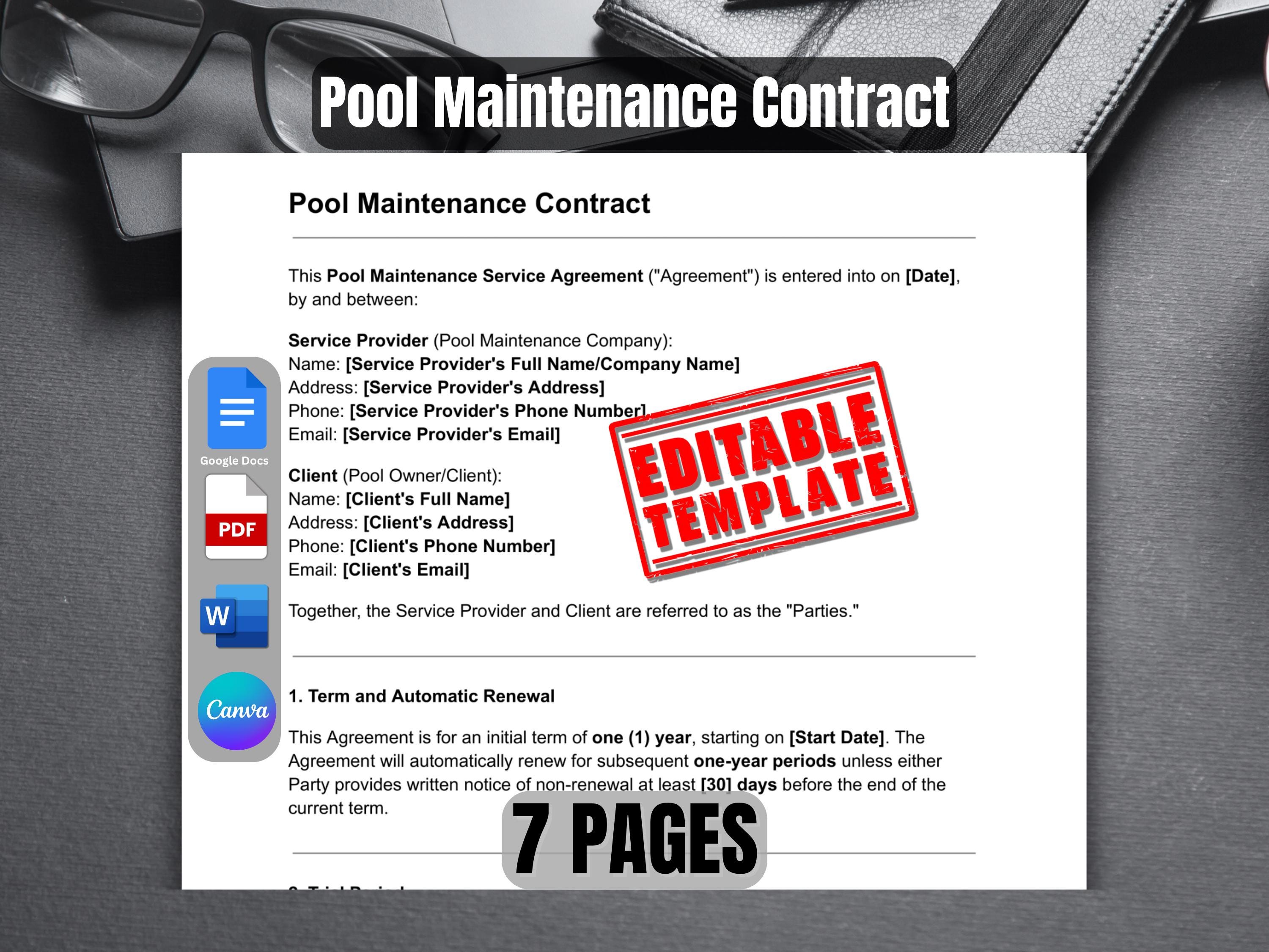 Pool Maintenance Contract Template | Editable Swimming Pool Maintenance Service Agreement | Pool Cleaning Agreement Template