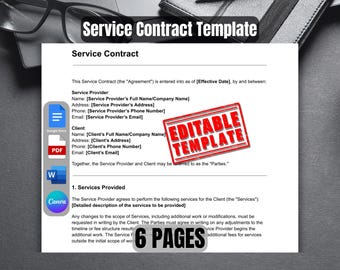 Peut inclure: Modèle de contrat de service éditable avec un tampon rouge indiquant "Modèle éditable". Le modèle est destiné à un prestataire de services et à un client et comprend des sections pour les noms, les adresses, les numéros de téléphone et les adresses électroniques. Le modèle comprend également une section pour les services fournis et une section pour les modifications de la portée des services. Le modèle comporte 6 pages.