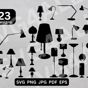 May include: A set of 23 black silhouette designs of different types of lamps. The designs include table lamps, floor lamps, desk lamps, and pendant lights. The lamps are all in a simple, modern style.