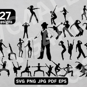 May include: A set of 27 black silhouette designs of people dancing. The designs are in various poses and include a variety of styles, such as ballroom, salsa, and contemporary.