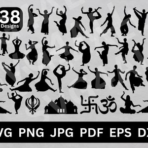 Könnte beinhalten: Ein digitaler Download von 38 Schwarzweiß-Silhouetten-Designs von Tänzern in verschiedenen Posen. Die Designs beinhalten den Text "38 Designs" und die Wörter "SVG PNG JPG PDF EPS DXF".