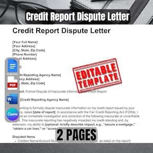 May include: A white document titled "Credit Report Dispute Letter" with fillable fields and a red "EDITABLE TEMPLATE" stamp. The document is labeled "2 PAGES" and includes icons for Google Docs, PDF, Word, and Canva.