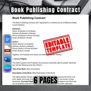 May include: A black and white image of a book publishing contract template. The template is editable and includes sections for the publisher and author's information, grant of rights, and description of the work. The text "6 Pages" is highlighted in a red circle.
