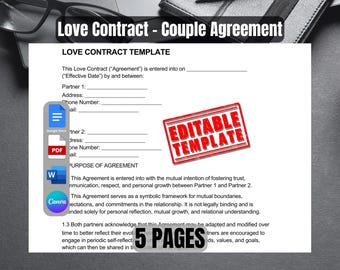 Love Contract Template | Relationship Agreement | Commitment Love Contract | Couple Agreement | Relationship Time Contract