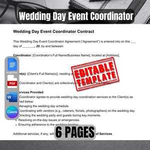May include: A printable wedding day event coordinator contract template. The contract is editable and includes 6 pages of services. The template is available in Google Docs, PDF, and Word formats.