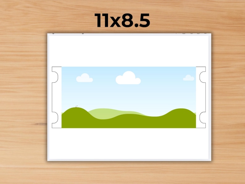 Op de afbeelding: Een digitaal printbaar ontwerp met een eenvoudig landschap met groene heuvels, een blauwe lucht en witte wolken. Het ontwerp is perfect voor het maken van aangepaste achtergronden voor knutselen, scrapbooking of digitale projecten.