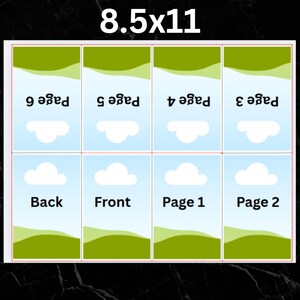 May include: A printable 8.5x11 inch template for a booklet with six pages. The template has a green and blue color scheme with a cloud design. The pages are labeled "Back", "Front", "Page 1", "Page 2", "Page 3", and "Page 4".