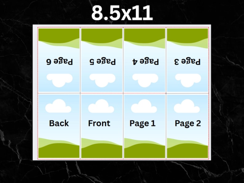 May include: A printable 8.5x11 inch template for a booklet with six pages. The template has a green and blue color scheme with a cloud design. The pages are labeled "Back", "Front", "Page 1", "Page 2", "Page 3", and "Page 4".