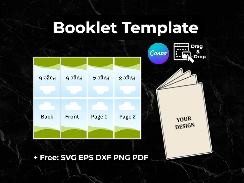May include: A green and white booklet template with a cloud design. The template has four pages, labeled "Back", "Front", "Page 1", and "Page 2". The text "Booklet Template" is at the top of the image. The text "Drag & Drop" is in a white box with a black outline. The text "Canva" is in a purple circle. The text "YOUR DESIGN" is in a white box with a black outline. The text "+ Free: SVG EPS DXF PNG PDF" is at the bottom of the image.