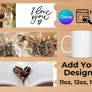 Op de afbeelding: Een witte keramische mok met een handvat, met een ontwerp van een bruidspaar omringd door confetti. De mok is 11oz, 12oz of 15oz. De tekst "Voeg uw ontwerpen toe" wordt onder de mok weergegeven.